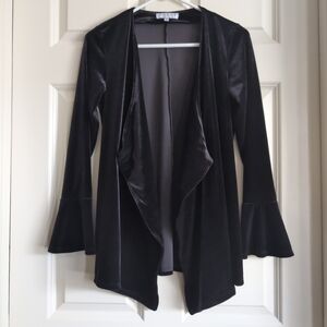 Black velvet witchy whimsigoth bell sleeve open front waterfall hem top